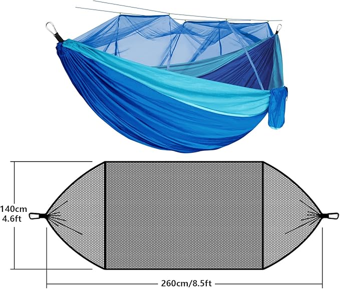 RANIT Camping Hammock with Net 210T Parachute Nylon FabricSingle Lightweight Portable HammocksParachute Hammock for Camping Outdoor Backyard BackpackingHiking (Blue)