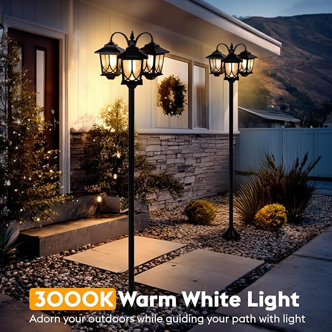 3-Head Solar Lamp Post Light 73 Solar Lights Outdoor Waterproof 60Lm 3000K Pathway Lights for Garden Lawn Yard