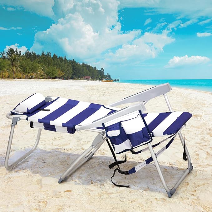 Portable Lightweight Folding Chair for AdultsOutdoor High Beach Lawn ChairPortable Backpack Foldable Camping ChairFolding Beach Chairwith Cup Holderfor Patio Pool Yard Garden (Blue Stripes)