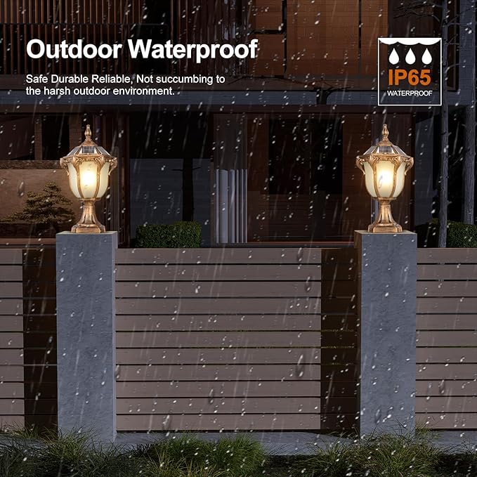 SLAWA 2 Packs Solar Pillar Lamps 18.1In Outdoor Post Caps Light Solar Power Post Lighting Bronze Column Lamps with Glass Waterproof Landscape Lighting Fence Deck Bollard Light Mailbox Yard Path Lamp