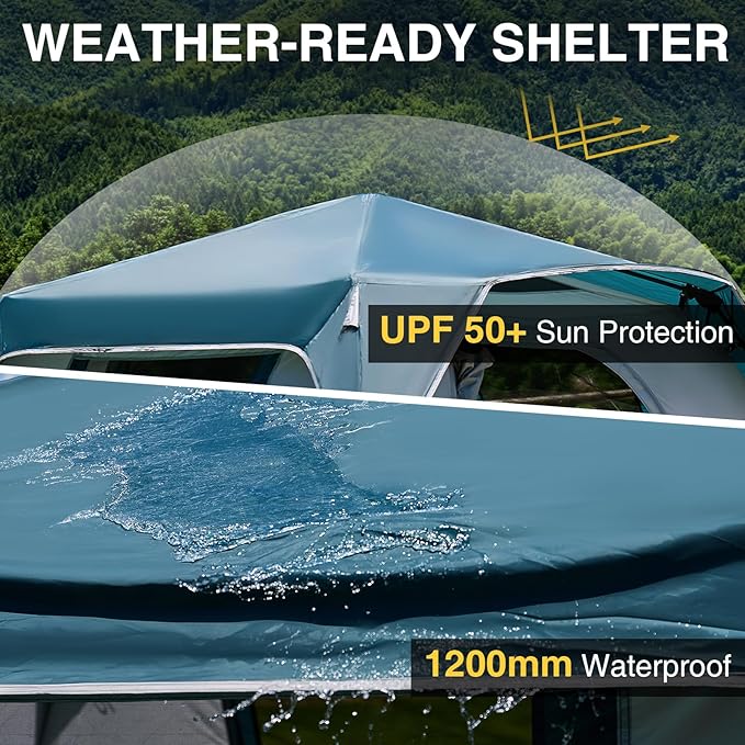 6 Person Instant Camping Tent with Rainfly 60s Easy Setup Family Cabin Tent 10x9ft 1200mm Waterproof &amp Skylight Ventilation Portable Shelter for Outdoor Camping Hiking Backyard