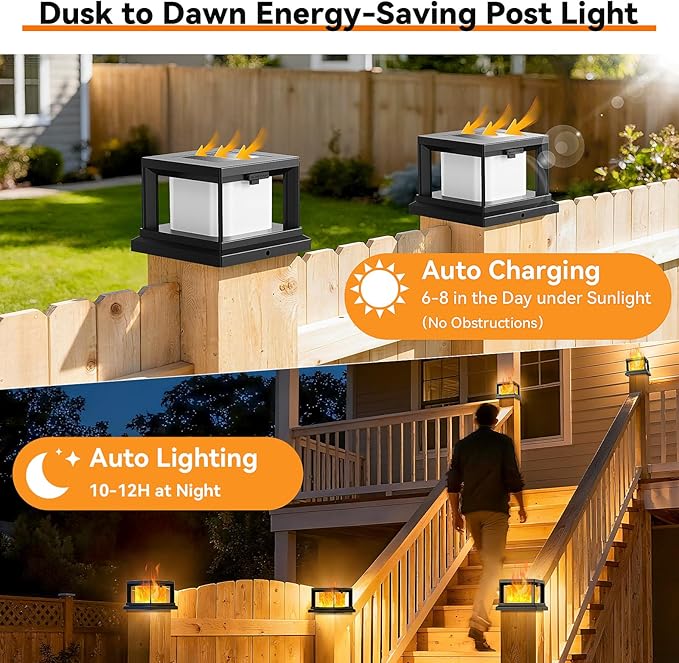 Solar Post Cap Lights Outdoor with Flickering Flame Waterproof Fence Post Solar Lights for 4x4 Wooden/Vinyl Post Black High Brightness Outside Post Cap Lights for Yard Patio Deck Halloween 12-Pack