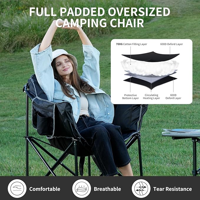 Oversized Heated Camping Chair 3 Heating Levels Soft Padded Camp Lawn Chair with Pillow and Storage Bag Portable Heated Folding Chairs Outdoor Sports for Patio and Picnics Black