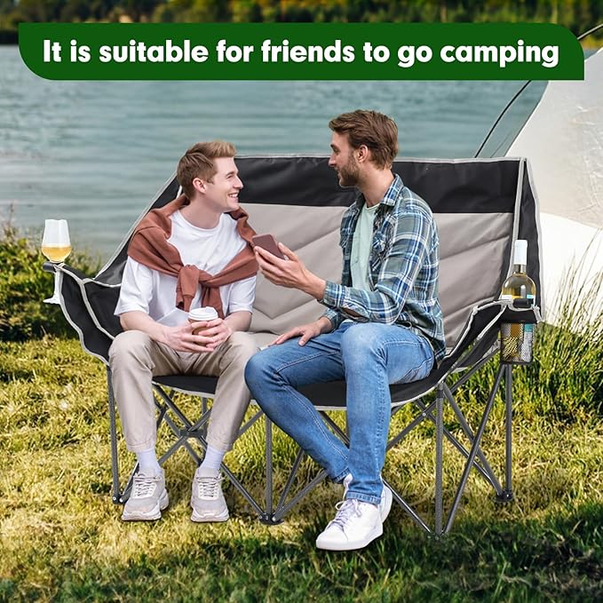 CDEN Padded Loveseat Double Camping Chair Camping Couch with Cup Holder Side Bag Wine Holder Carry Bag Foldable for Picnic Outdoors Travel (Black&ampGray