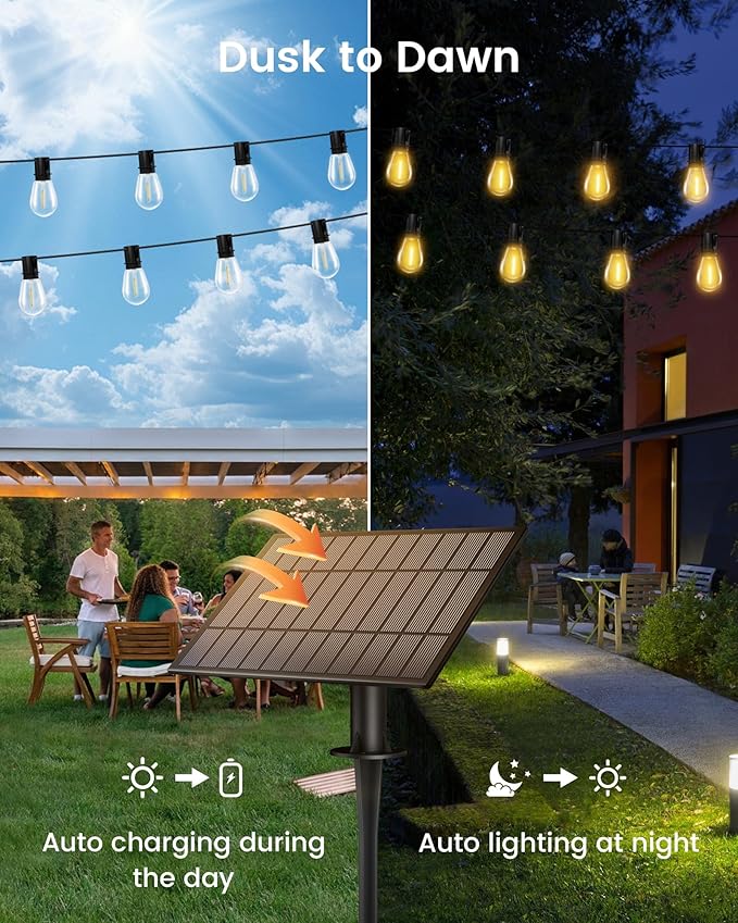 Torkase Solar Powered 150FT Outdoor String Lights 35+2 LED Bulbs Waterproof Shatterproof Remote Control Dimmable Extra Long Hanging Lights for Large Yard Deck Market Cafe Event Lighting