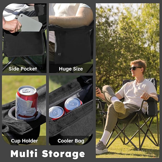 Oversized Folding Camping Chairs - 450 LBS Support Heavy Duty Camp Chair with Padded Cushion Portable Outside Chairs with Carry BagCooler Cup Holder for Outdoor Lawn Sports - Black