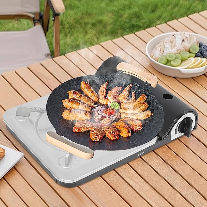 Portable Camping Stove 3500W Gas Burner with Grill Plate and Carry Case Butane Outdoor BBQ Grill for Cooking Hiking Backpacking Road Trip Picnic Gathering (Black)
