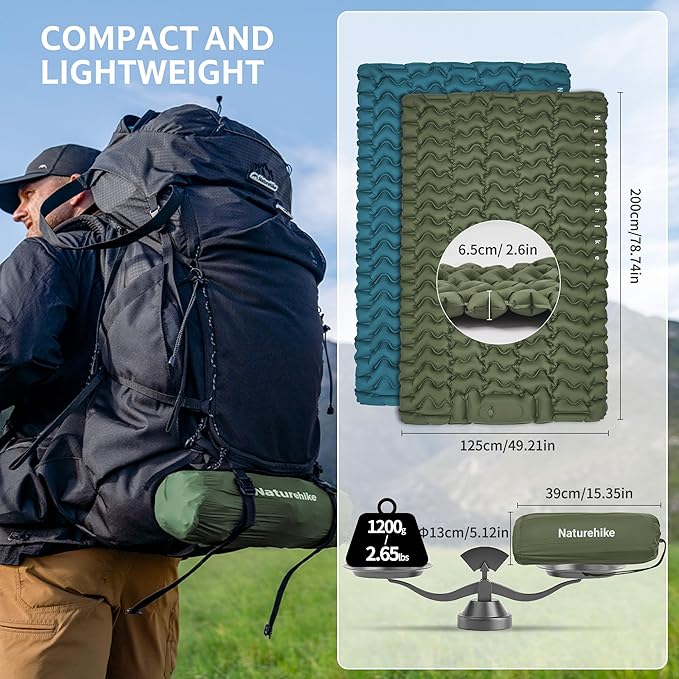 Naturehike Double Camping Sleeping Pad Ultralight Inflatable Sleeping Mat with Pillow Built-in Pump 2.6 Inch Lightweight Air Mattress for Backpacking Hiking Traveling