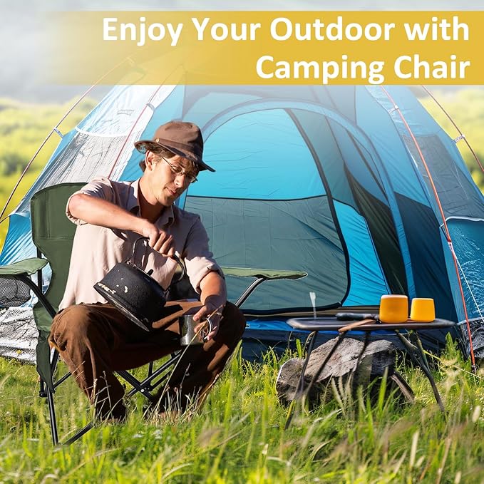 Portable Folding Camping Chair with Cup Holder and Cooler Bag Lightweight Outdoor Chair with Strong Steel Frame Easy Storage with Carry Bag Supports 300LBS Green