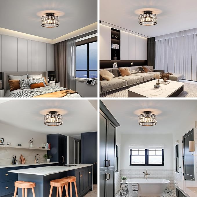 Crystal Ceiling Light Modern Flush Mount Ceiling Light Black Crystal Chandelier for Kitchen Bedroom Bathroom Entryway Hallway 1 Light