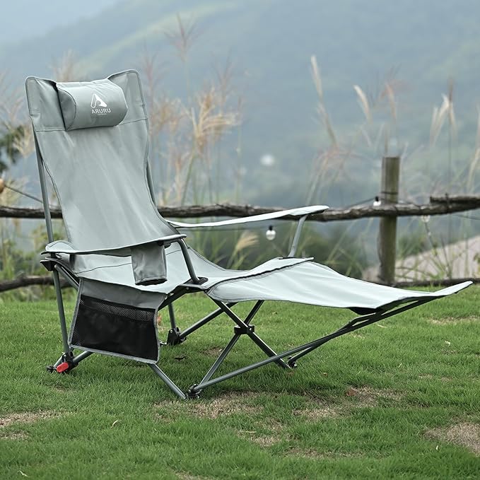 2-in-1 Reclining Camping Chair Portable Folding Beach Lounge Chair with Footrest &amp Adjustable Backrest Comfortable Lawn Chair for Adults Heavy Duty with Cup Holder for Outdoor Poolside Sports