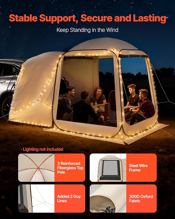 SUV Tailgate Tent VEVOR 6 x 6 ft Pop-Up Screen House Canopy for 4–6 Person Portable Screened Shelter with Carry Bag for Car Camping Backyard Patio Outdoor Activities