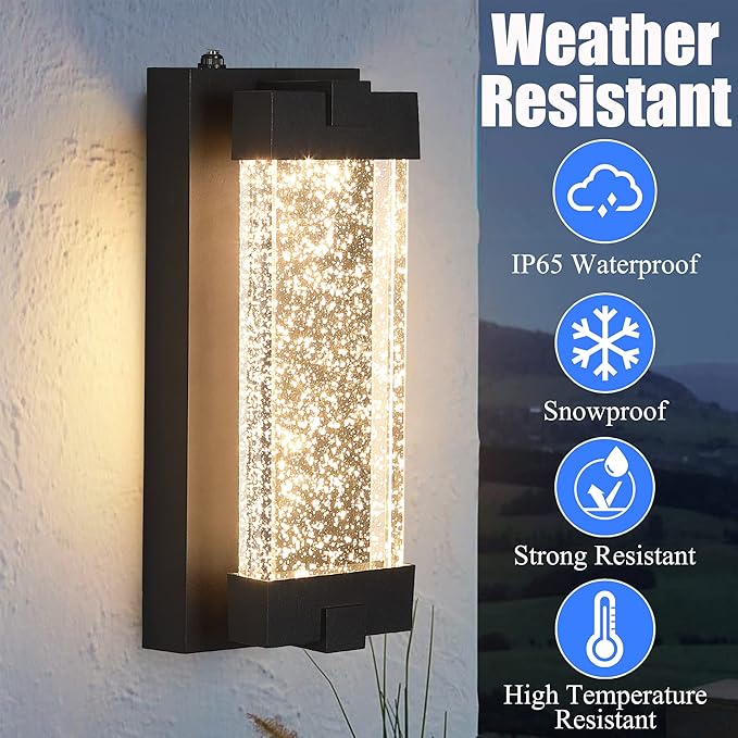 Black Wall Sconce with K9 Crystal Bubble and Dusk to Dawn Sensor Exterior LED Wall Mounted Light Modern Porch Lantern Light Fixture for Indoor and Outdoor