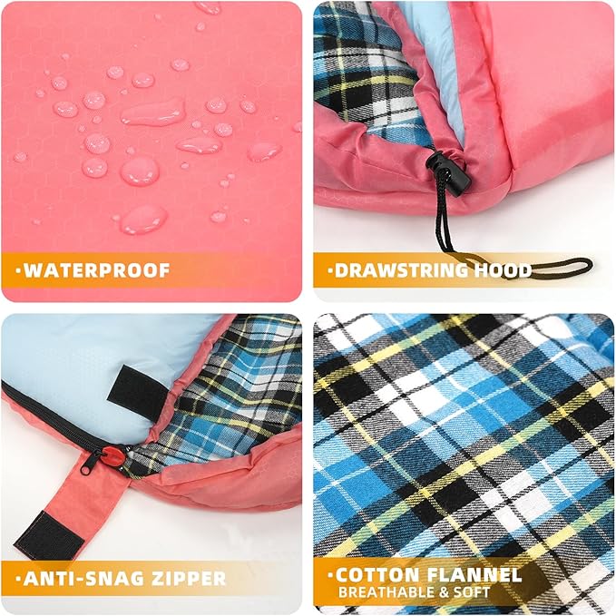 Cotton Flannel Lined Sleeping Bag for Adults Teens Kids Cold Weather &amp Warm 3 Seasons Lightweight Compact Camping Essentials Equipment Hiking Outdoor Travel