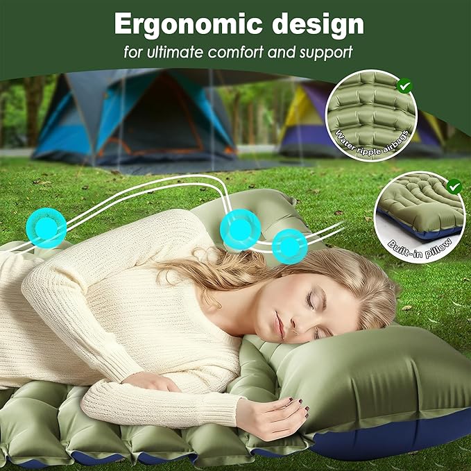 Double Sleeping Pad for Camping - Ultralight Camping Mattress with Pillow Built-in Foot Pump Compact Inflatable 2-Person Portable Mat for Backpacking Hiking Car Traveling Beach Tent