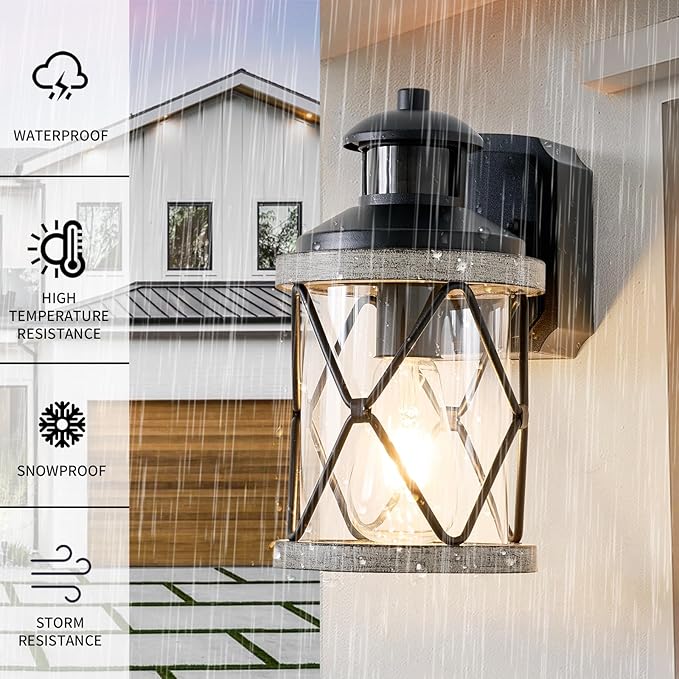 Dusk to Dawn Motion Sensor Outdoor Porch Light with GFCI Outlet3 Lighting Modes Anti-Rust Waterproof Industrial Outdoor LanternExterior Work lights Rustic Wood-Like Finish Wall Light (White 2 Pack)