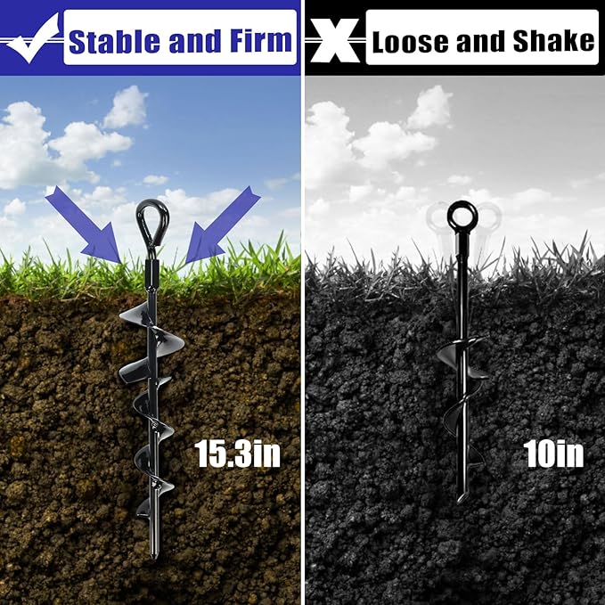 Eazy2hD 6 Pack Tent Stakes Heavy Duty 15 Inch Ground Anchors Screw in Metal High Winds Trampoline Stake with Nut and Tool Spiral Anchor Kit for Camping Swing Set Mobile Home Car Ports