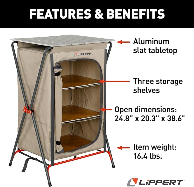 Lippert Sand Outdoor Folding Camping Pantry with Three Storage Shelves 600D Polyester Fabric Powder-Coated Steel Frame Aluminum Slat Top Collapsible Design - 2023053723