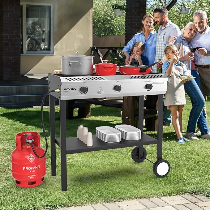 ROVSUN 3 Burner Outdoor Propane Burner with Ignition &amp Regulator 225000 BTU Powerful &amp Portable Gas Stove Outdoor Stand Cooker for Backyard Patio Cooking Home Camping Brewing Canning Turkey