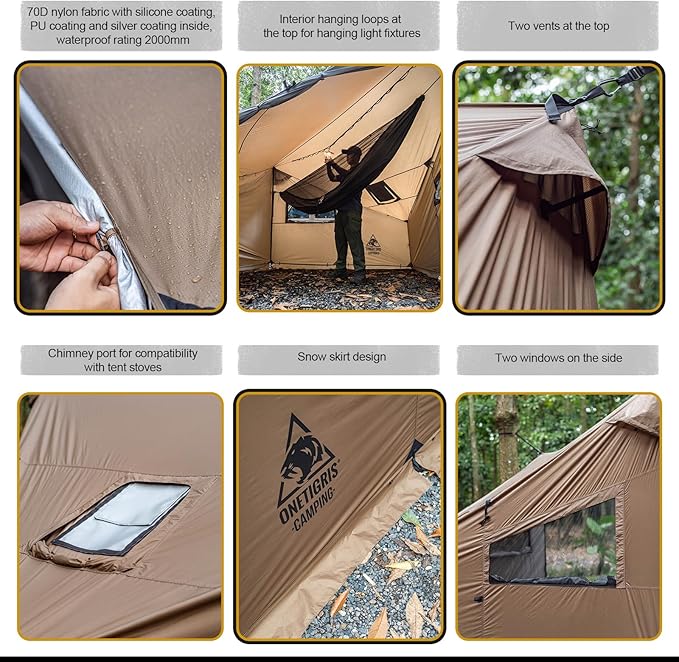 OneTigris COZSHACK Hot Tent Large Spacious 4 Person Tent with Stove Jack Windproof Waterproof Tent for Wood Stove Bushcraft Camping Travel Truck Family
