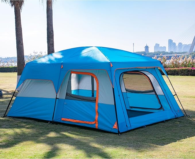 KTT Extra Large Tent 10-12-14 Person(Style-B)Family Cabin Tents2 Rooms3 Doors and 3 Windows with MeshStraight WallWaterproofDouble LayerBig Tent for OutdoorPicnicCampingFamily Gathering