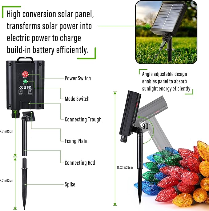 iBaycon Solar C9 Christmas Lights Outdoor 65FT 100LED C9 Strawberry String Light 8 Modes Solar Powered Lights String for Xmas Tree House Eaves Roof Christmas Holiday Decorations