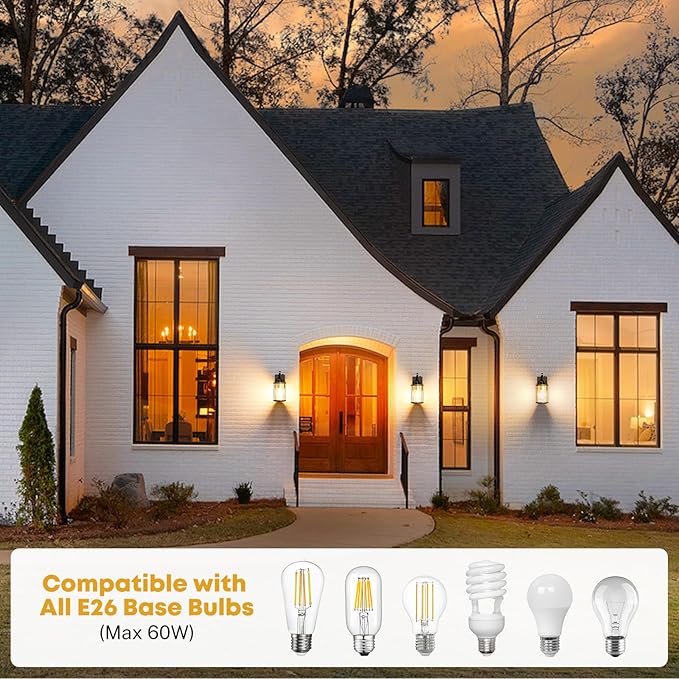 Dusk to Dawn Outdoor Light Front Porch Light Waterproof Exterior Lighting Fixtures Wood Effect Glass Modern Outside Light for House Patio Yard Garage Black 1 Pack
