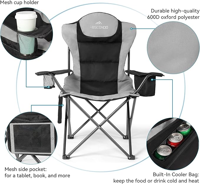 ABSCONDO Camping Chairs for Adults Oversized Folding Camp Chair for Outdoor with Cup Holder &amp Cooler Bag XL Heavy Duty Lawn Chairs Supports up to 350lbs (2 Pcs)