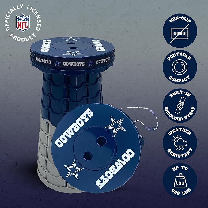 Sporticulture NFL Dallas Cowboys Telescoping Collapsible Stool 500lbs Max Weight Portable Adjustable Height Folding Camping Stool with Carry Strap Retractable Stadium Have A Seat Outdoor Sports Fan