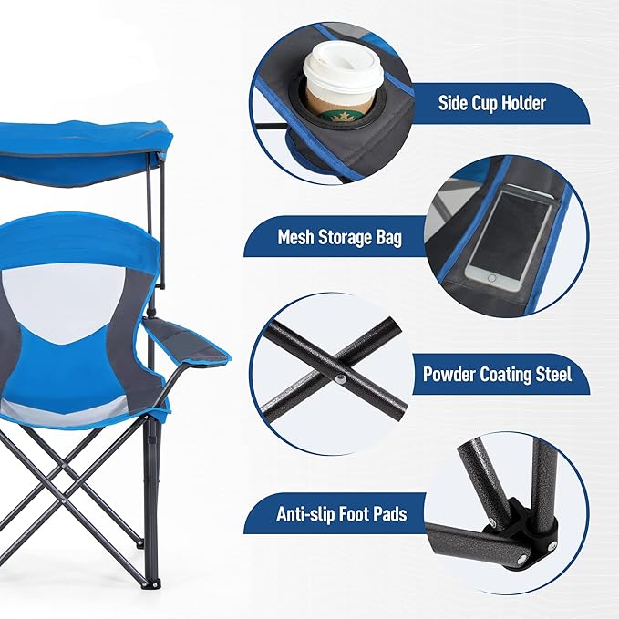 ALPHA CAMP Camp Chair with Shade Canopy Folding Camping Chair with Cup Holder and Carry Bag for Outdoor Camping Hiking Beach Heavy Duty 300 LBS Royal Blue