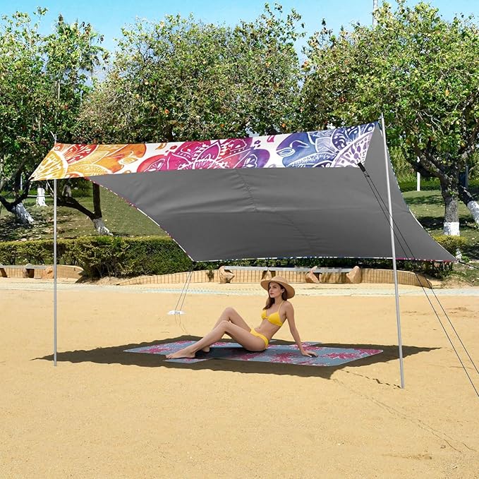 ALAZA Rainbow Mandala Watercolor Beach Tent Sun Shelter UPF50+ Protection Beach Shade Canopy w/ 4 Sandbags for Outdoor Camping Fishing Backyard Fun Picnic 10x9 ft