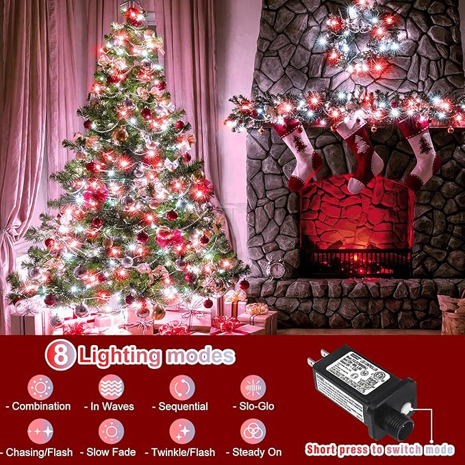 165FT 500 LED Outdoor String Lights Plug in Christmas Lights Indoor Waterproof 8 Modes Twinkle Fairy Lights Clear Wire for Xmas Patio Garden Tree Party Holiday Decorations Red and White