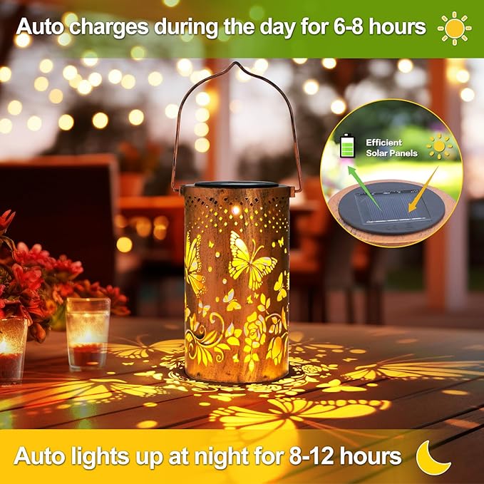 Butterfly Solar Lanterns Outdoor Hanging Hollowed-Out Metal Waterproof LED Garden Decor Light for Patio Yard Pathway Lawn Front Porch Christmas Thanksgiving Birthday Gifts for Women Mom Grandma