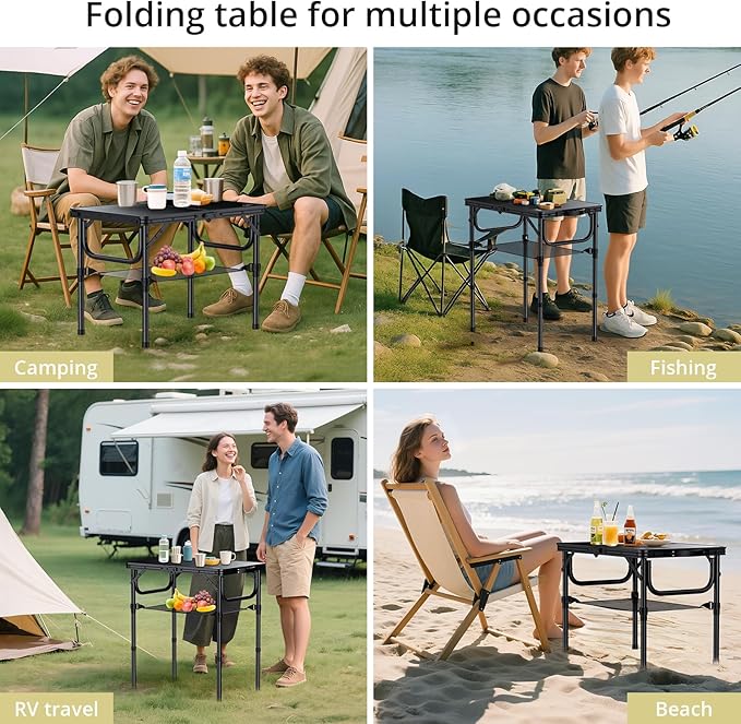 Anbte 2ft Folding Camping Table with Storage Net 3 Adjustable Heights Small Folding Table Lightweight &amp Portable with Carry Handle for Camping Fishing Picnic Beach Outdoor 22.8 x 15.7 Bl