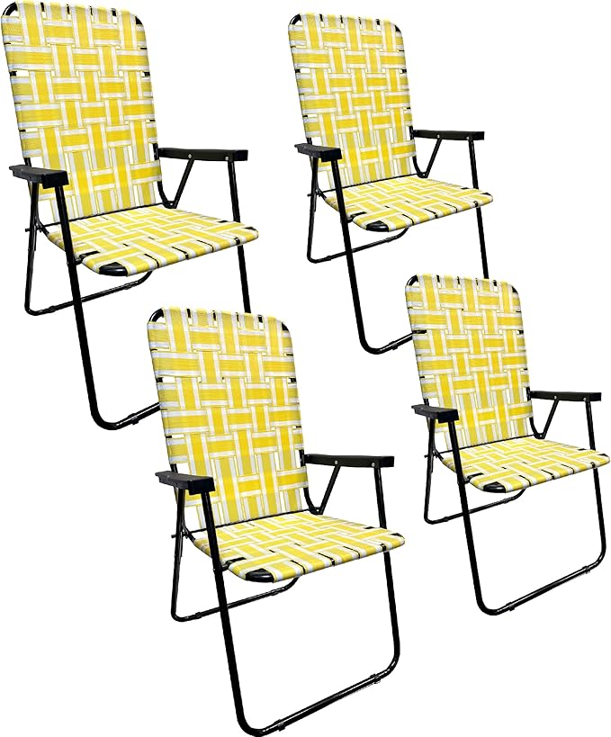 Lawn Chair Folding Steel Webbing Chaise Patio Lounger Seat Wood Handles Great for Camping Beach Fishing Backyard Stadium Pool Boating and Sports 4 Pack Yellow Stripes