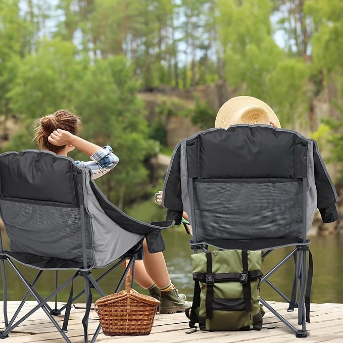 Oversized Camping Chair Portable Folding Padded Camp Chairs with Side Pocket Cup Holder Heavy Duty Support 500LBS Outdoor Lounge Chair for Adults Fishing Sports Trip Black