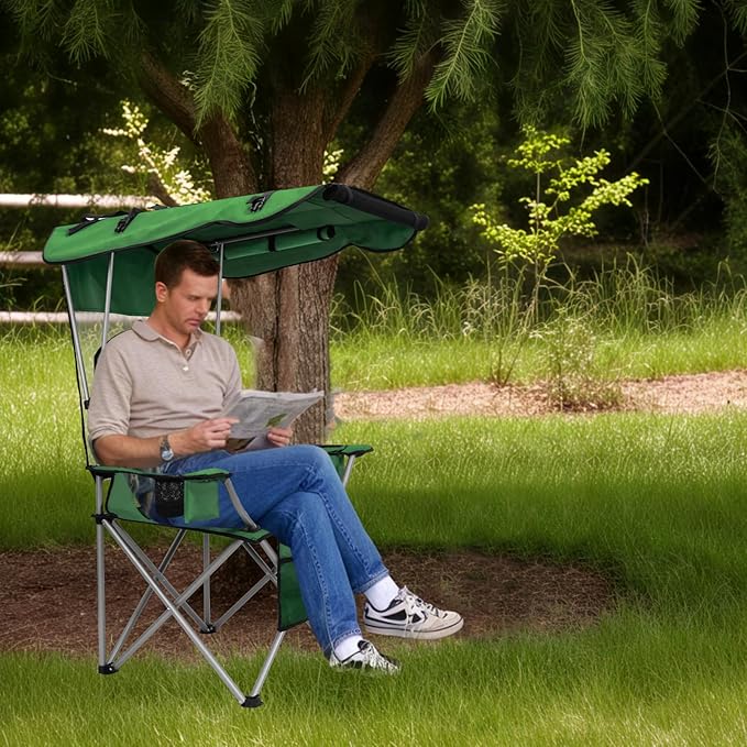 PLKO Camping Chairs with Canopy Portable Quad Lawn Chair for Adults Folding Recliner Chair with Cup Holder Outdoor Events and Shade- Support 330 LBS