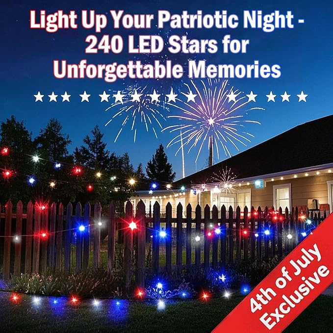 4th of July 95FT 240LED Red White and Blue String Lights Extra-Long Connectable Led Twinkle Lights Waterproof with 8 Modes Memory Independence Day Decoration
