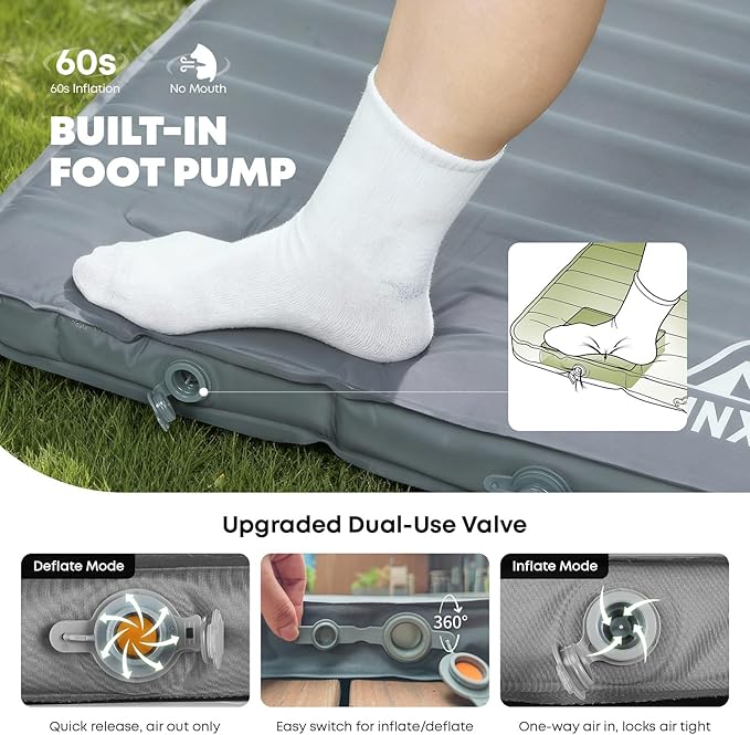 Self Inflating Sleeping Pad with Foot Pump 2 Inch Thick Memory Foam Camping Pad Quick Inflation Air Mattress for Camping Hiking Car Travel and Outdoor Adventures Grey