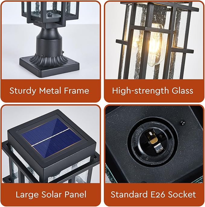 Outdoor Solar Lamp Post Light with Pier Mount Base Dusk to Dawn Aluminum Outside Solar Pillar Lights with Seeded Glass Waterproof Exterior Pole Light for Garden Pathway Patio Black
