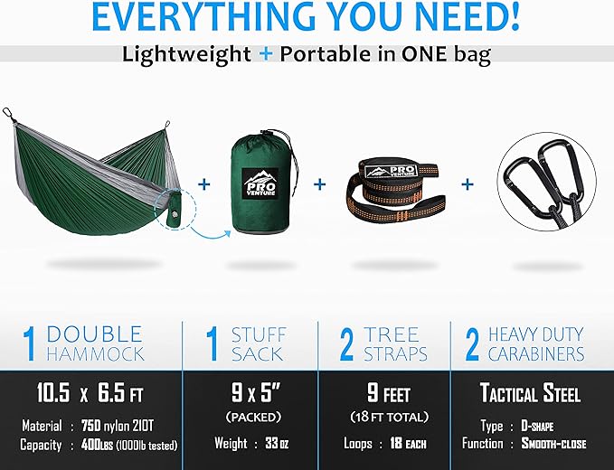 Camping Hammock 500 lb Capacity – Portable Double Hammock with Tree-Friendly Straps and Carabiners Lightweight for Backpacking Hiking Travel Beach Backyard