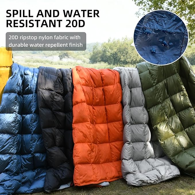 Down Camping Blanket - Lightweight Packable Warm &amp Puffy Outdoor Travel Quilt for Sleep Hiking Backpacking Stadium Festivals Water-Resistant Sleeping Bag 55x79