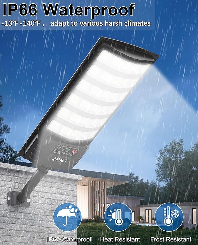 JAYNLT Solar Street Light 7000K Dusk to Dawn Solar Security Floodlight with Motion Sensor No Wiring Required Easy to Install Suitable for Outdoor Lighting in Parking Lots Yards Farms - 2 Pack