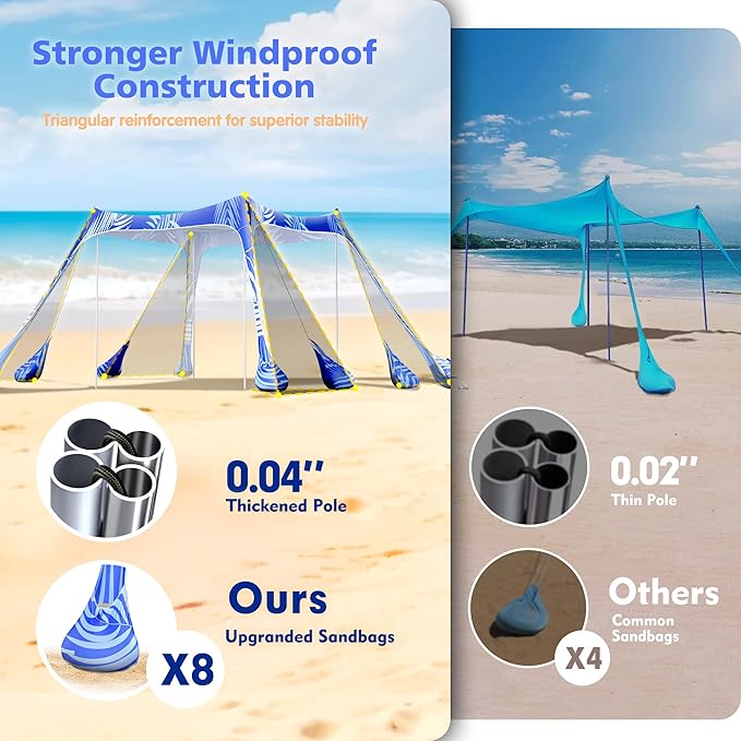 2PM SPORTS Beach Tent Canopy with UPF50+ UV Protection Outdoor Large Beach Sun Shade Shelter for Family Picnic Camping Travel Shore Fishing 8 Sandbags Sand Shovel (Areca Palm 10x10 FT)