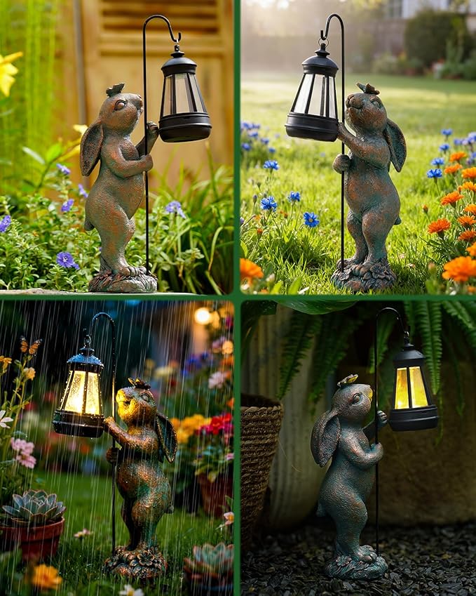Garden Statues Outdoor Bunny with Solar Lantern – Rabbit Yard Decor Waterproof Resin Figurine Pathway Light for Lawn &amp Patio