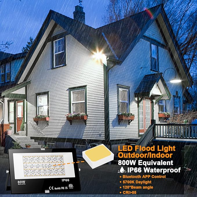 LED Flood Light Outdoor 800W Equivalent 8000LM Smart RGB Color Changing Landscape Lighting with APP Control IP66 Waterproof Outdoor LED Lights Daylight 5700K DIY Scenes Timing Floodlights 4 Pack