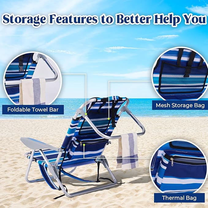 Portable Beach Chair for Adults Outdoor Camping Chair Lay Flat Folding Backpack Beach Reclining Chair with 5 Positions Headrest Zipper Pouch Cup Holder Blue Green