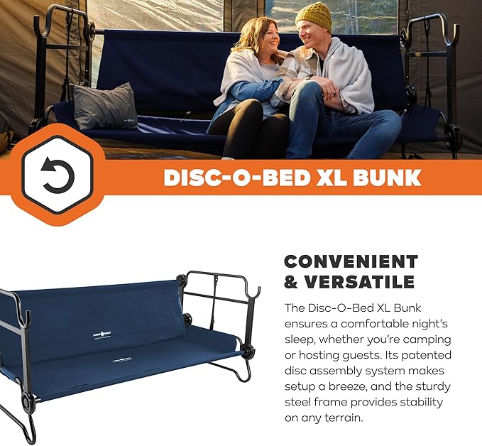 Disc-O-Bed Extra Large Portable Bunk Camping Cots with Carry Bags - Heavy-Duty Indoor or Outdoor Sleeping System Converts to Bench or Separate Beds 500 lb Weight Capacity Per Cot Navy