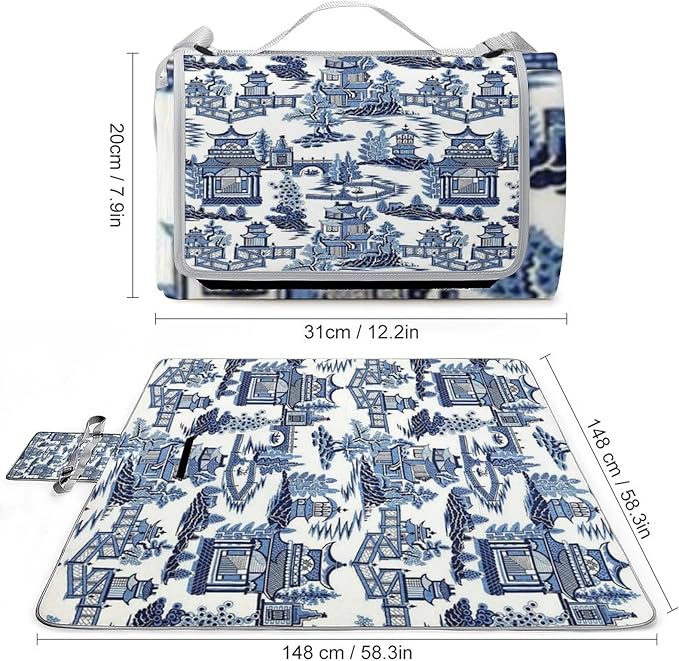Blue and White Chinese Style Chinoiserie Folk Waterproof Outdoor Picnic Blanket Sandproof Beach Mat for Camping Hiking Grass Travelling