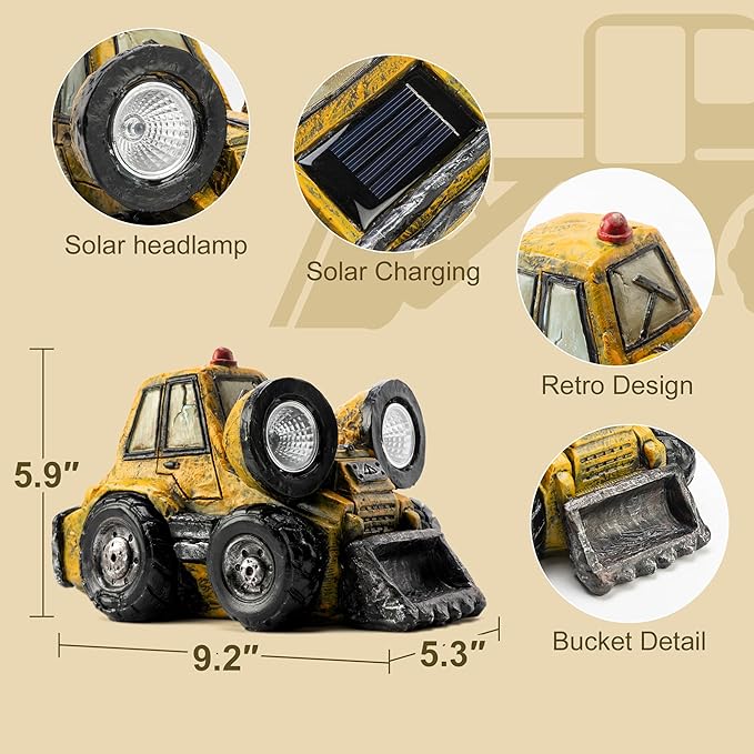 Garden Statue Outdoor Solar Truck Decor with Light Rustic Vintage Bulldozer Construction Decoration for Lawn Patio Yard Gifts for Men